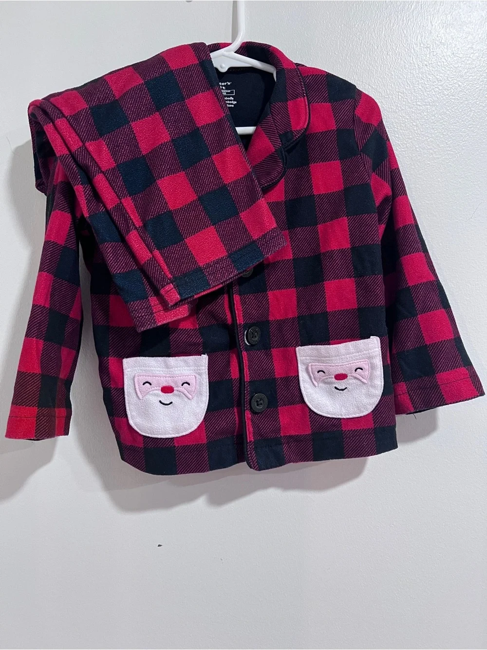 Carter's Toddler 3T Red & Black Buffalo Check Plaid Santa Pocket Pajama Set GUC